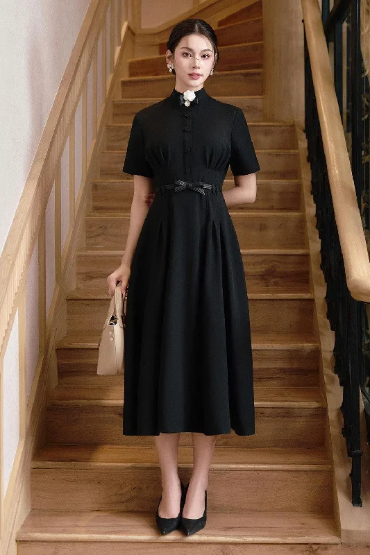 A - line midi dresses with floral prints for spring brunches Enoch A-line High Neck Linen Cotton Midi Dress