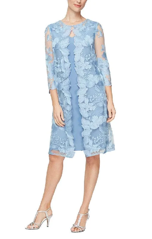 Mermaid silhouette wedding dresses with lace appliques​ Maxi wedding guest dresses with floral prints for summer weddings Alex Evenings - 81122202 Embroidered Lace Mock Jacket Jersey Dress