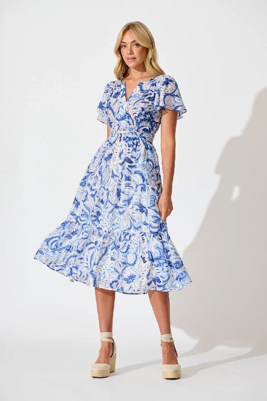 Everyday Dress with Bell Sleeves for a Dramatic Look​ Palm Springs Midi Dress in Blue and White Print