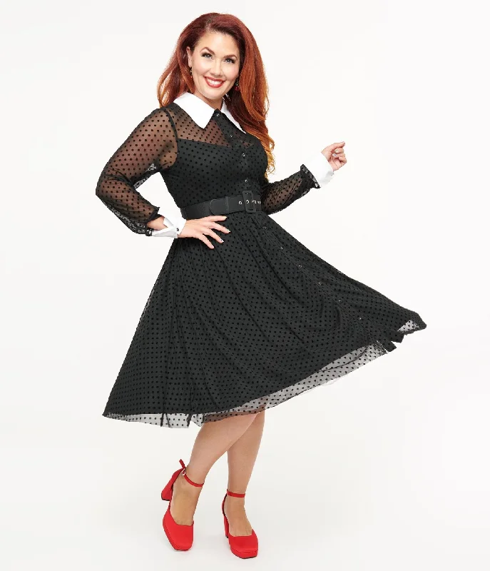  Unique Vintage 1950s Black Polka Dot Tulle Swing Dress