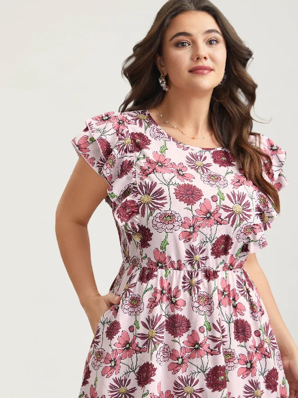  Ruffled Floral Print Stretchy-Waist Midi Dress