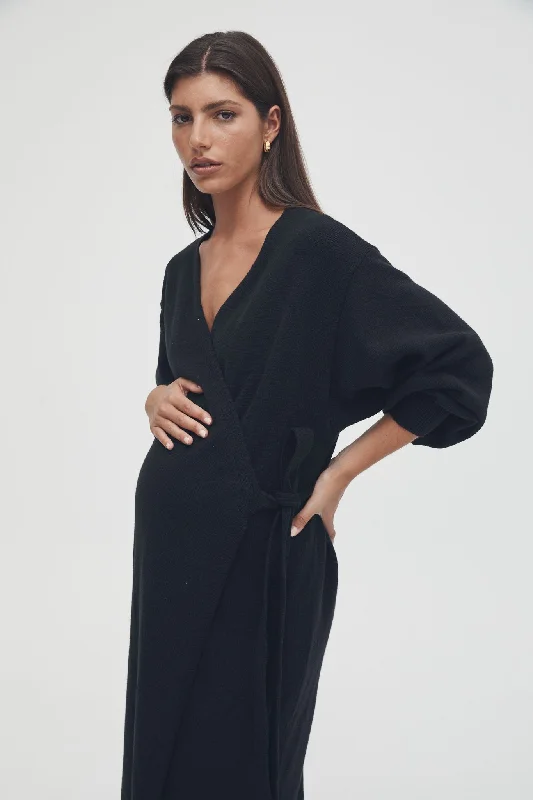 Maternity dress for a baby's first visit to the concert Knit Cotton Wrap Dress (Black)