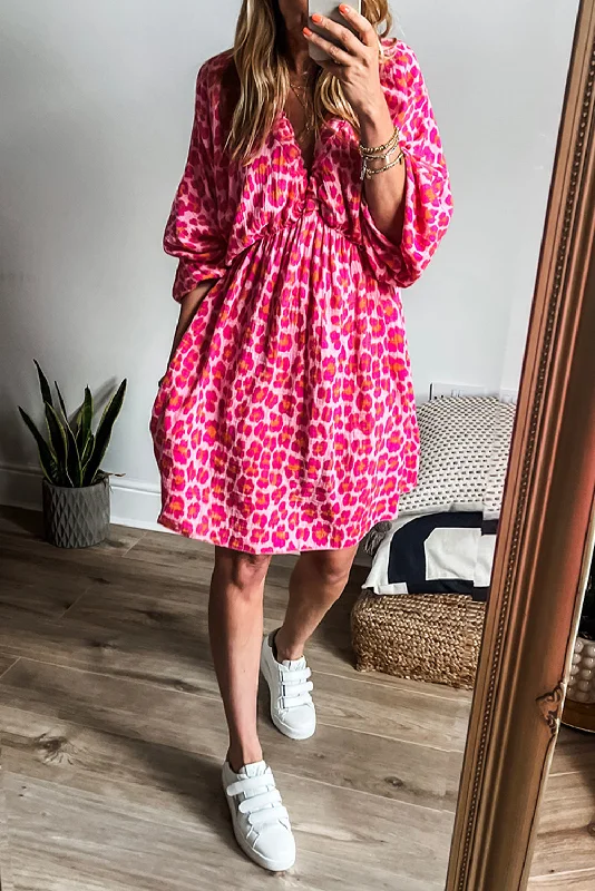 Animal print mini dresses for a bold statement Pink Leopard Print Elasticated V Neck 3/4 Puff Sleeve Dress