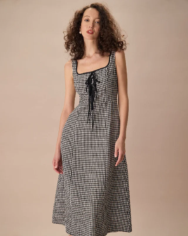 Midi dresses with button - front designs for a classic touch The Black Square Neck Tie Plaid Midi Dress Midi dresses with button - front designs for a classic touch The Black Square Neck Tie Plaid Midi Dress