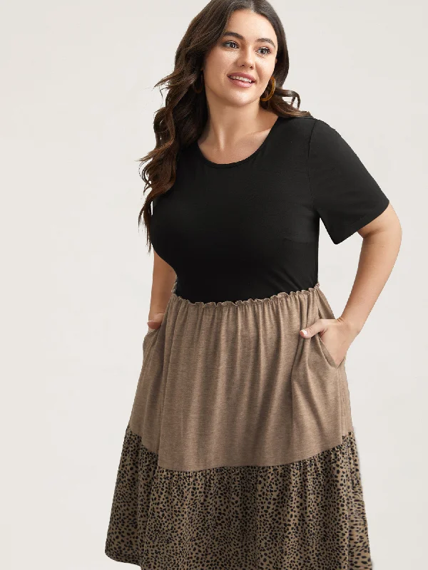  Leopard Print Color-Block Pockets Midi Dress