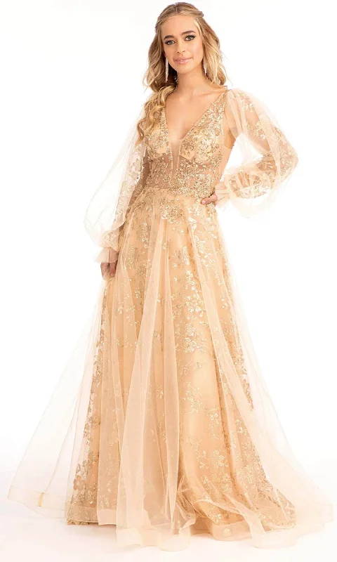 Wedding dresses with a corseted bodice for a cinched waist​ Satin wedding guest dresses with side slits for a sexy touch GLS by Gloria GL3001 - Long Puffed Sleeves Deep V-neck Evening Gown