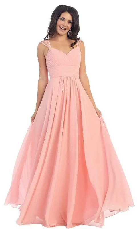 V - neck organza wedding dresses for a romantic touch​ One - shoulder wedding guest dresses with beaded details May Queen - MQ1275 Finely-Tucked Bodice Sweetheart Neck A-Line Dress
