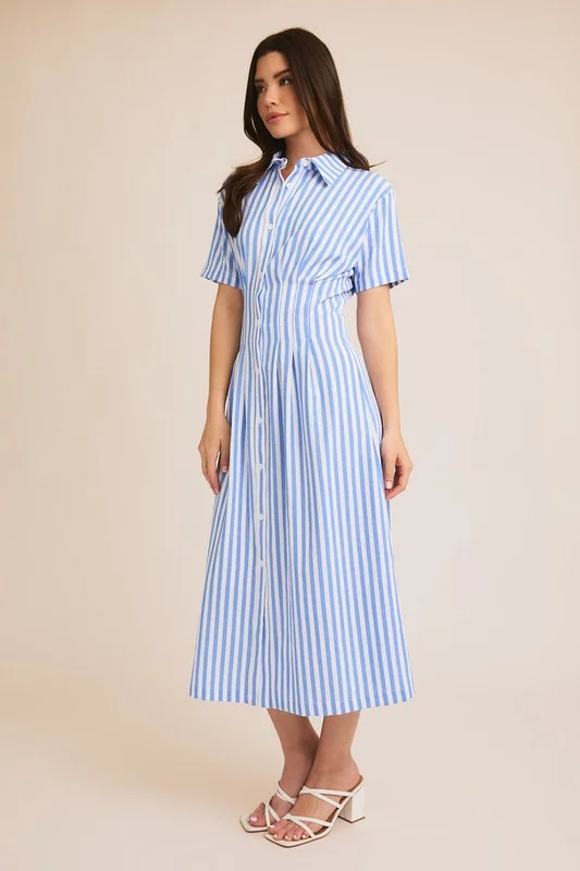 Maxi Casual Dresses for a Relaxed Look​ Tatum Short Sleeve Button Down Stripe Print Midi Dress Blue