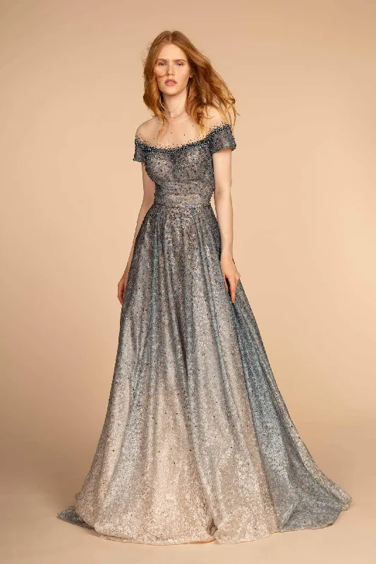 Appliqued wedding dresses with 3D floral designs​ Sheer wedding guest dresses with lace inserts and long sleeves GLS by Gloria - GL2558 Two Tone Embellished Lace A-line Gown