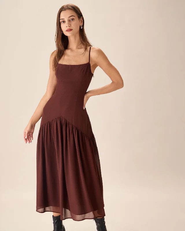 Midi dresses with asymmetric hems for a fashion - forward and dynamic appearance Brown Chiffon Ruched Slip Midi Dress