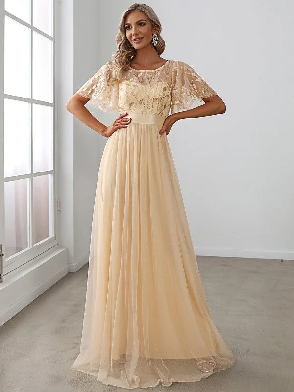 Sequined wedding dresses for a glamorous look​ Wedding guest dresses with button - down fronts and A - line silhouettes ever SAPHIR|Women's A-Line Sequin Leaf Maxi Prom Dress with Sleeves