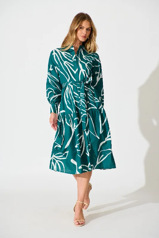 Midi dresses with printed lining for a hidden and stylish detail Lexus Midi Shirt Dress in Emerald Cotton