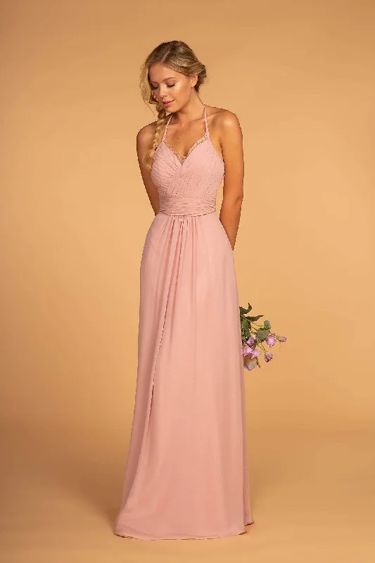Princess - style wedding dresses with a full skirt​ Wedding guest dresses with cold - shoulder designs and solid colors Elizabeth K - GL2606 Lace Pleated Halter Chiffon A-line Dress