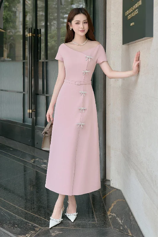 Midi dresses with off - the - shoulder necklines for a flirty look Ladies A-line Short Sleeved Linen Cotton Midi Dress