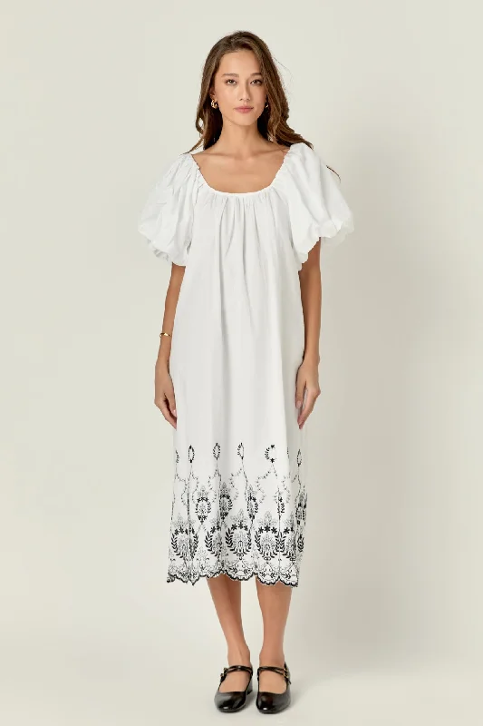 Button - Down Casual Dresses for a Classic Vibe​ Embroidery Balloon Sleeve Midi Dress