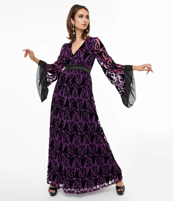 Everyday Chambray Dress with Roll - up Sleeves​ Disney Princess collection by Unique Vintage Purple & Black Velvet Burnout Maleficent Print Maxi Dress