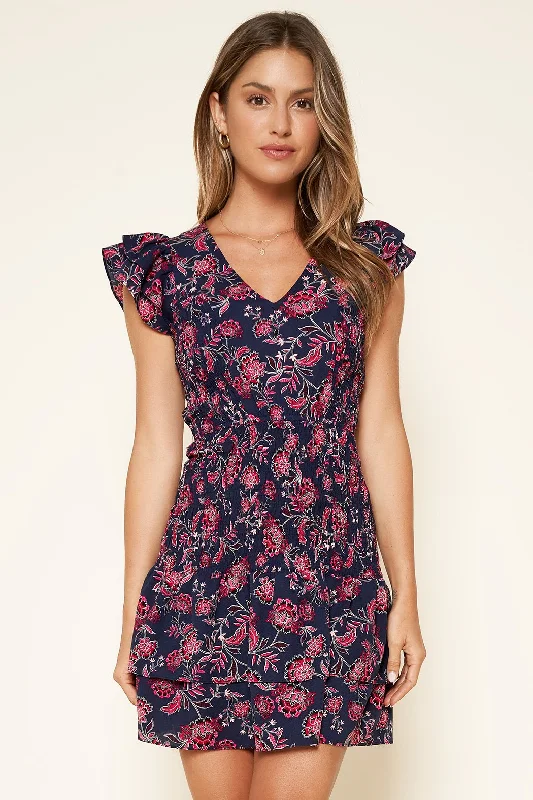 Mini dresses with polka dot patterns Aurora Floral Smocked Ruffle Mini Dress