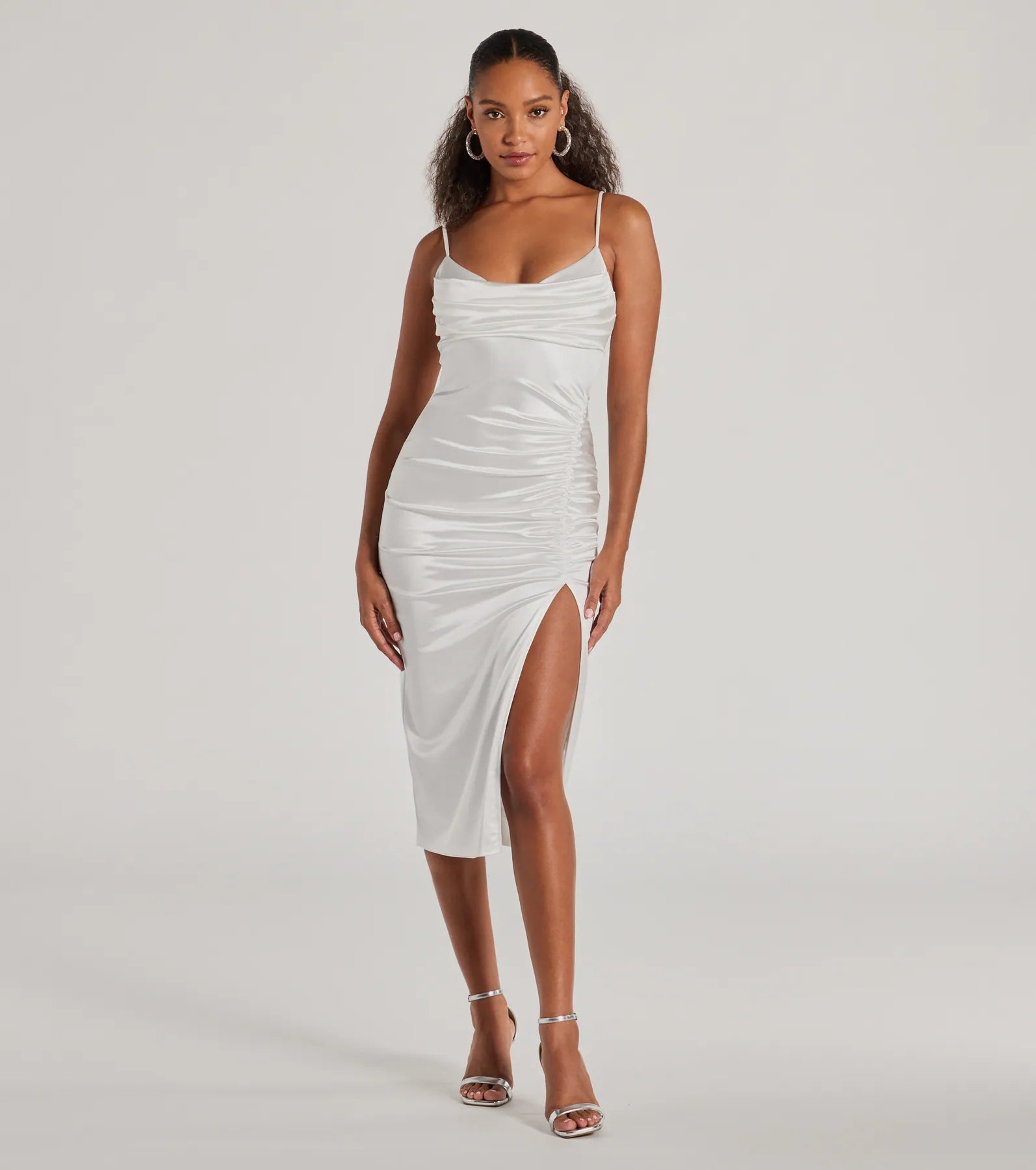 Midi dresses with embroidered accents for a unique and detailed design Kristen Formal Satin Cowl Neck Midi Dress