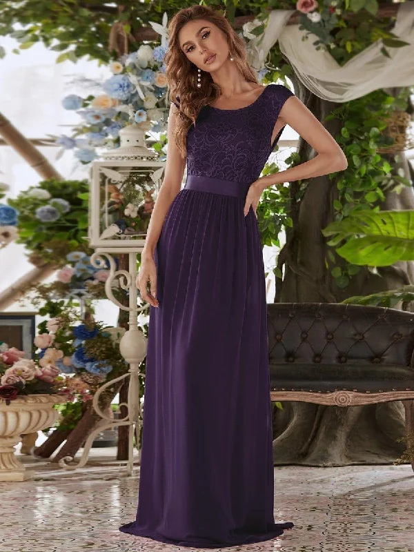 Modern minimalist wedding dresses with clean lines​ Printed wedding guest dresses with tropical motifs for beach weddings Classic Round Neck Backless Lace Bodice Bridesmaid Dress