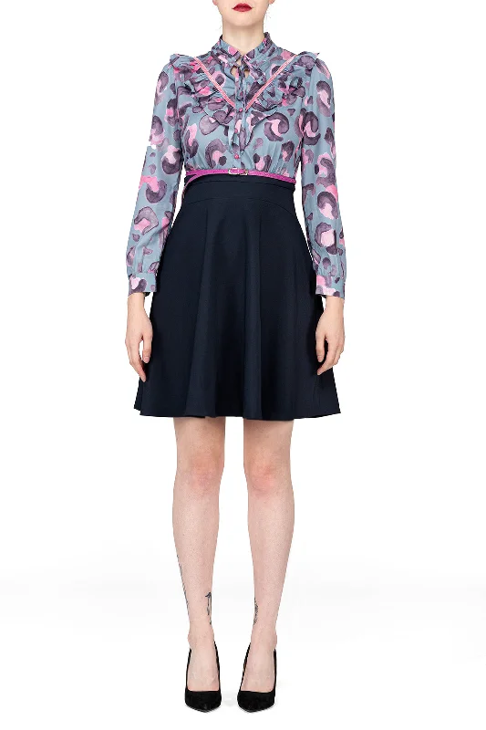  SCANDINAVIA-Long Sleeve Ruffle Accent Contrast Dress Withe Belt