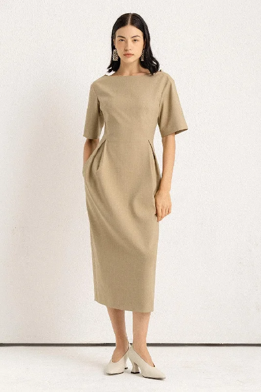 Midi dresses with pom - pom trims for a playful and festive look Sohi Sheath Boat Neck Polycotton Midi Dress