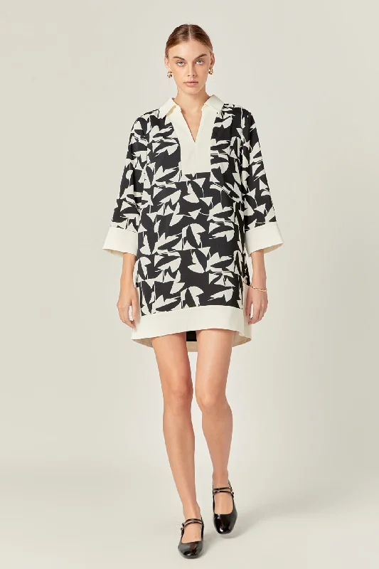Polyester - Cotton Blend Casual Dresses​ White and Black Printed Tunic Dress