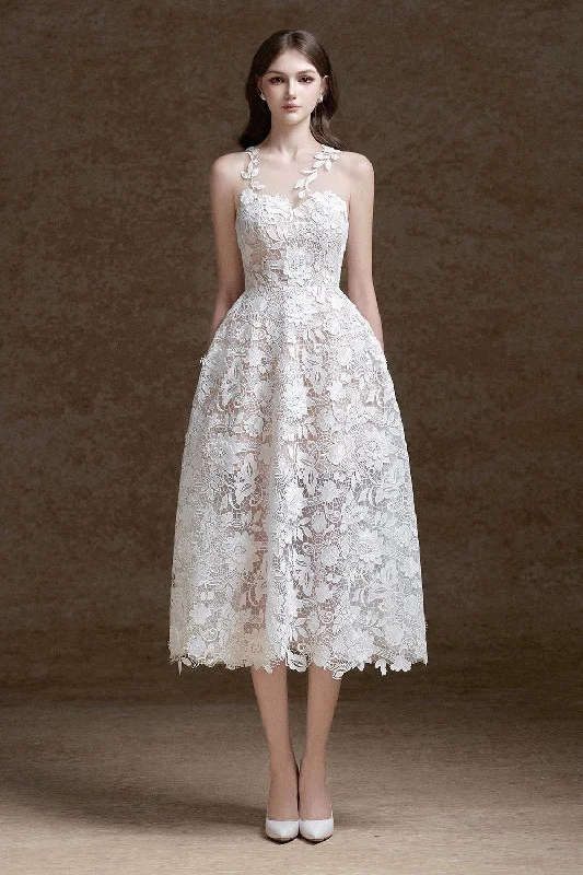 Midi dresses with wrap - around skirts for a customizable fit Erica A-line Illusion Neck Lace Midi Dress Midi dresses with wrap - around skirts for a customizable fit Erica A-line Illusion Neck Lace Midi Dress