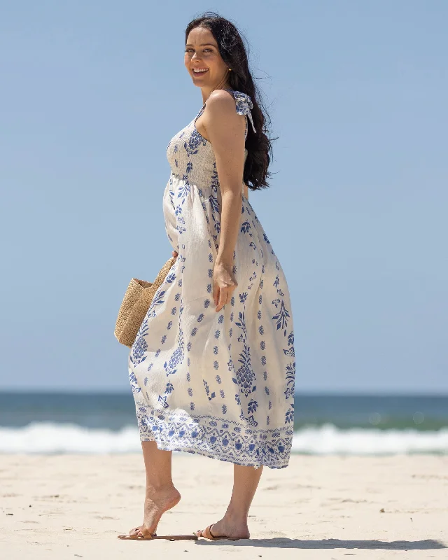 Maternity dress for a baby's first visit to the sensory garden Aenor Blue Border Print Summer Dress