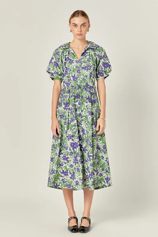 Recycled - Material Casual Dresses for Sustainability​ Floral Printed Midi Dress