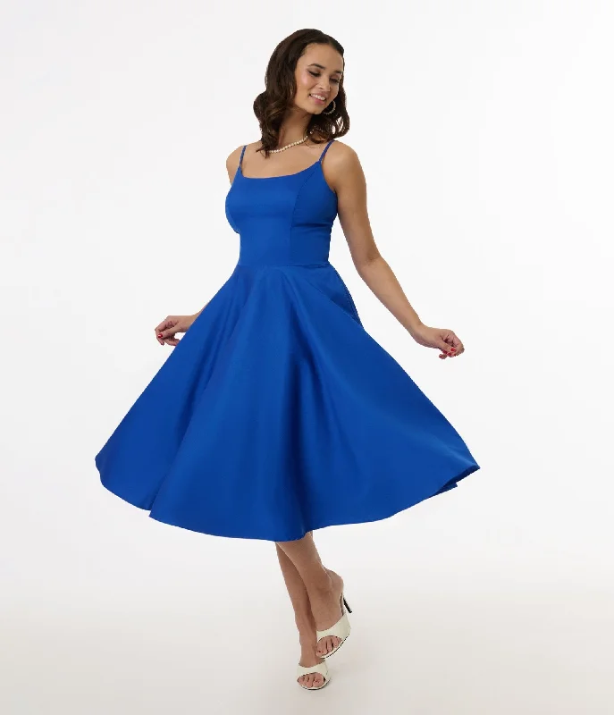 Everyday Dress with Monogram for a Personalized Touch​ 1950s Cobalt Blue Cotton Swing Dress