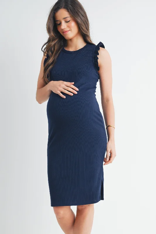 Maternity dress for a baby's first bus ride Ruffle Sleeve Side Slit Fitted Maternity Dress