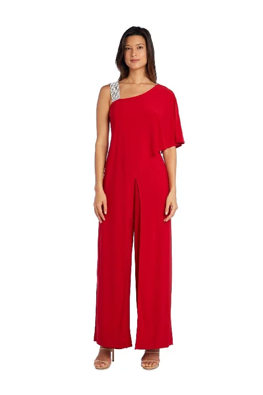 Sheer - panel wedding dresses with a touch of elegance​ Ribbed - texture wedding guest dresses in neutral colors R&M Richards 3420 Asymmetric Jumpsuit With Overlay