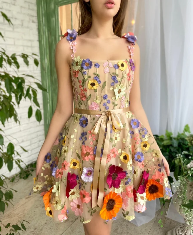 Mini dresses with pom - pom trims for a playful feel Floral Fantasia Dress