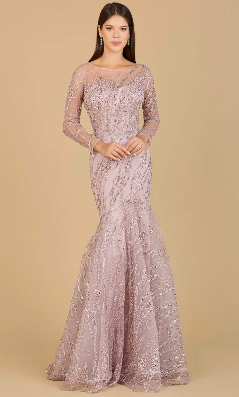 Appliqued wedding dresses with 3D floral designs​ Sheer wedding guest dresses with lace inserts and long sleeves Lara Dresses 29199 - Beaded Illusion Scoop Evening Gown