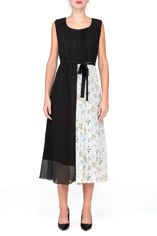  SCANDINAVIA-Sleeveless Belted Contrast Pleated Dress