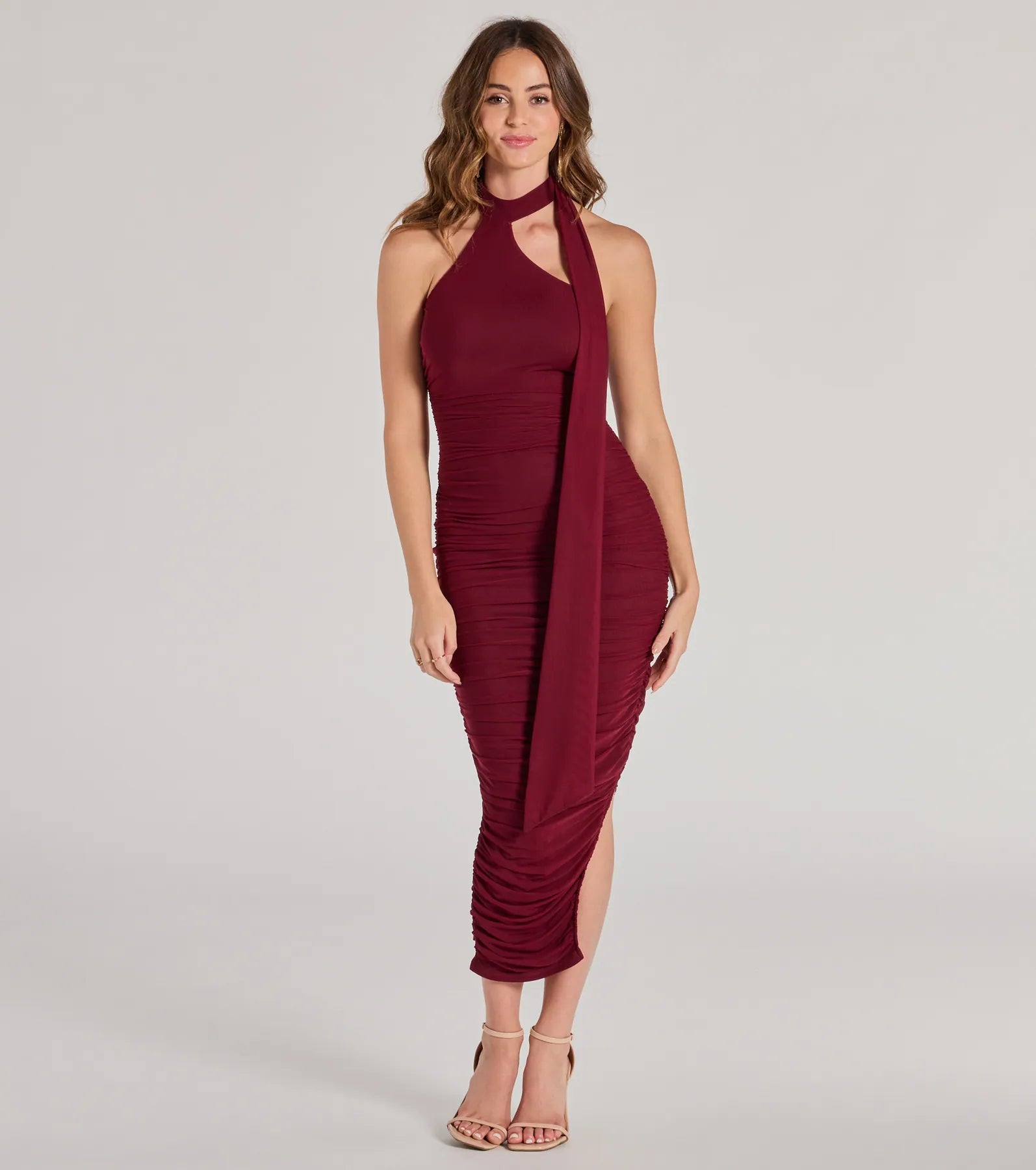 Midi dresses with tassel accents for a bohemian and free - spirited style Total Allure Mock Neck Side Slit Midi Dress