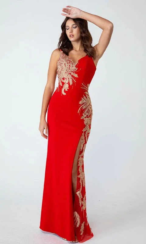 V - neck organza wedding dresses for a romantic touch​ One - shoulder wedding guest dresses with beaded details Eureka Fashion 9996 - Sleeveless Gold Applique Evening Dress