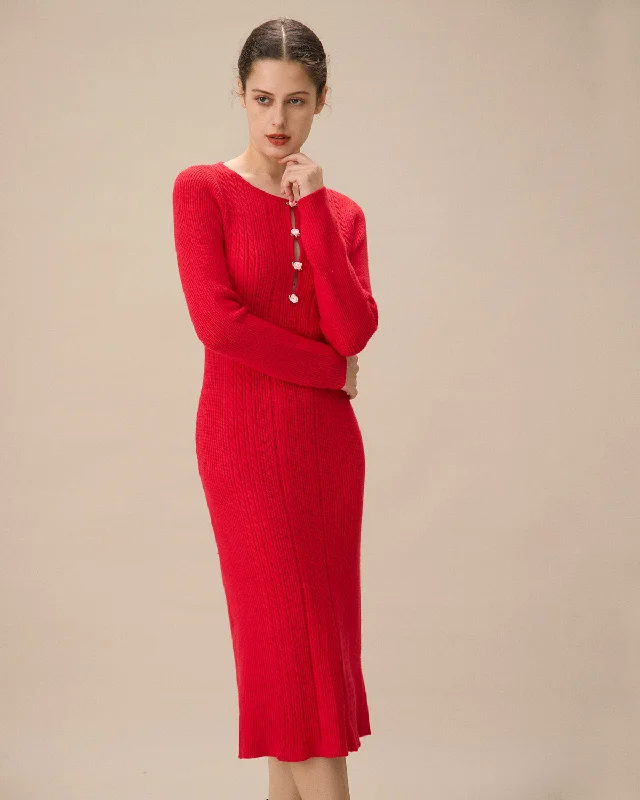 Midi dresses with off - the - shoulder necklines for a flirty look Red Cut-Out Bodycon Sweater Dress
