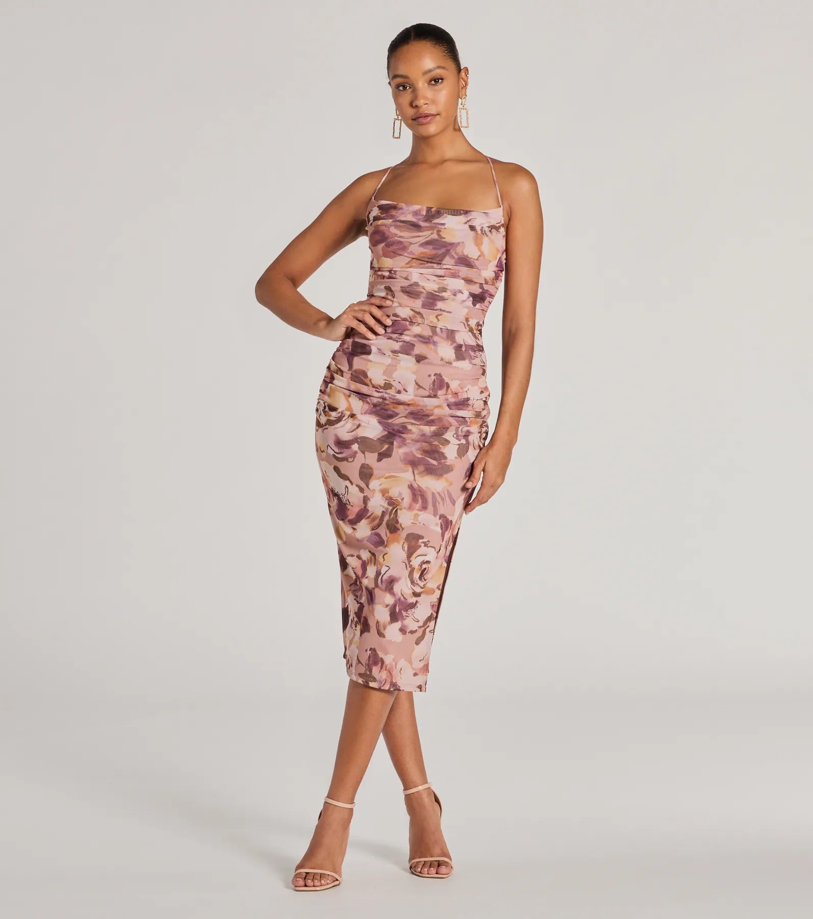 Midi dresses with ruched bodices for a feminine and fitted feel Floral Energy Lace-Up Bodycon Slit Midi Dress