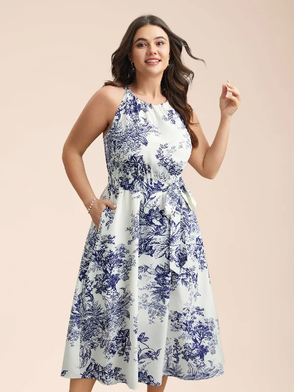 Everyday Dress with Pleated Bodice for a Structured Look​ Spring Time Florals Sleeveless Midi Dress