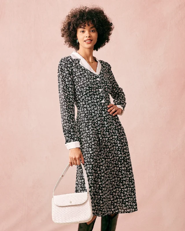 High - low midi dresses with geometric patterns for a modern party The Collared Patchwork Long Sleeve Midi Dress