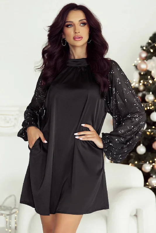 Mini dresses with fringe for a bohemian style Black Glittering Mesh Sleeve Mock Neck Mini Dress
