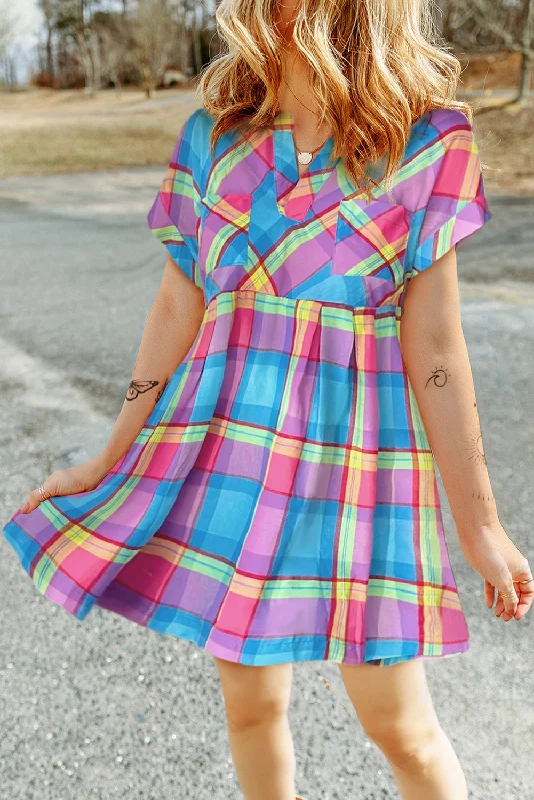 Mini dresses with ribbed textures for a unique appearance Light Blue Multicolor Plaid Short Sleeve Babydoll Mini Dress