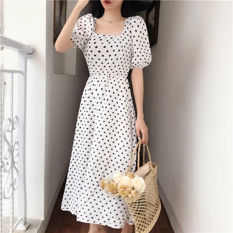  TWO PEARS-Puff Sleeve Backless Dot Print Dress
