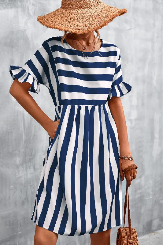 Everyday Dress with Hidden Pockets for Practicality​ Striped Flounce Sleeve Dress