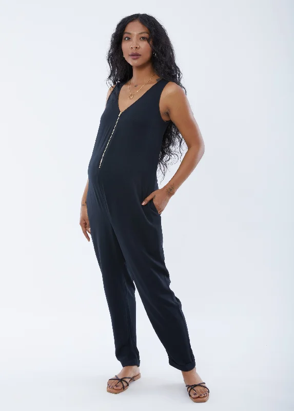 Maternity dress for a baby's first birthday party Sleeveless Zip Front Maternity Jumpsuit