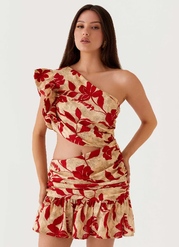  Maisie Linen Mini Dress - Red Green Floral
