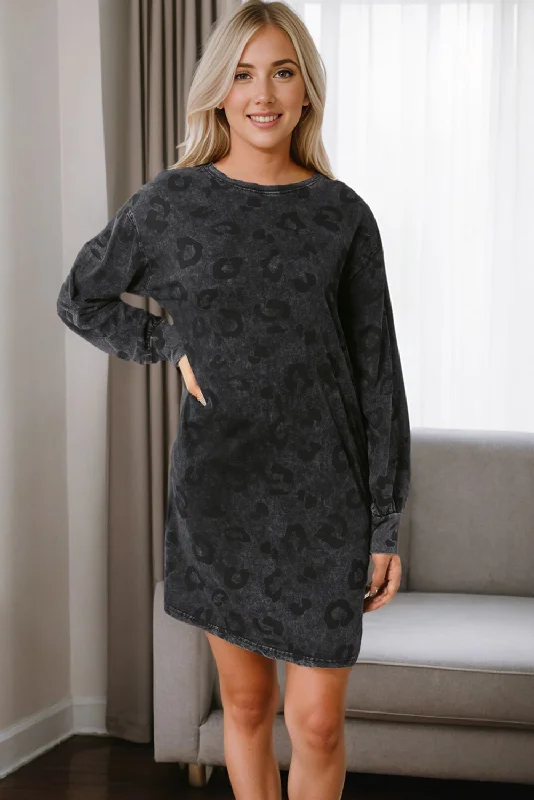 Linen mini dresses for a breathable summer option Gray Leopard Pocketed Puff Sleeve Mini Dress