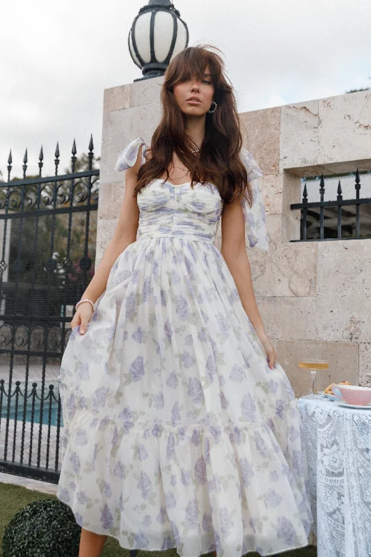 Wrap - style midi dresses in silk for a sophisticated office look Floret Midi Dress - Lavender Wrap - style midi dresses in silk for a sophisticated office look Floret Midi Dress - Lavender