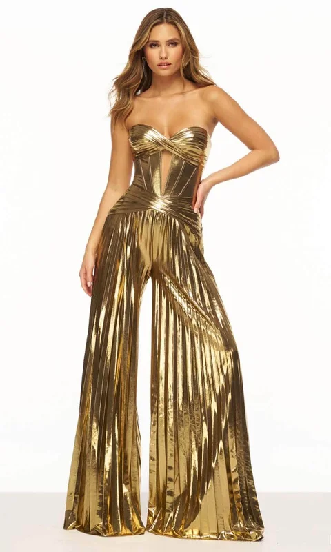 Vintage - themed wedding dresses with pearl accents​ Tea - length wedding guest dresses with polka dot patterns Sherri Hill 56404 - Metallic Pleated Jumpsuit